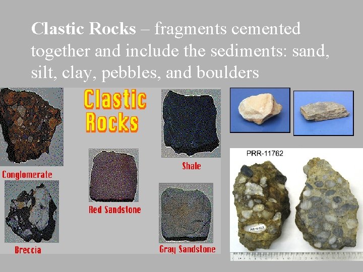 Clastic Rocks – fragments cemented together and include the sediments: sand, silt, clay, pebbles,