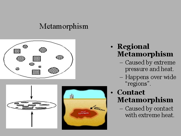 Metamorphism • Regional Metamorphism – Caused by extreme pressure and heat. – Happens over