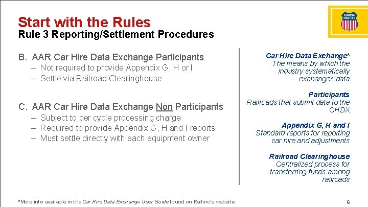 Start with the Rules Rule 3 Reporting/Settlement Procedures B. AAR Car Hire Data Exchange