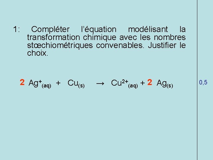 1: Compléter l’équation modélisant la transformation chimique avec les nombres stœchiométriques convenables. Justifier le