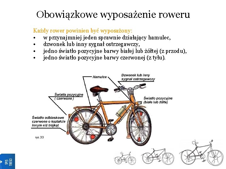 Obowiązkowe wyposażenie roweru Każdy rower powinien być wyposażony: • w przynajmniej jeden sprawnie działający