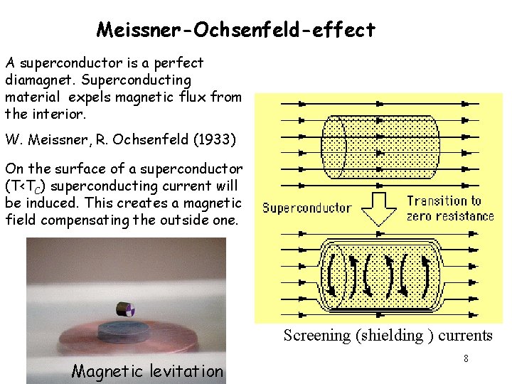 Meissner-Ochsenfeld-effect A superconductor is a perfect diamagnet. Superconducting material expels magnetic flux from the