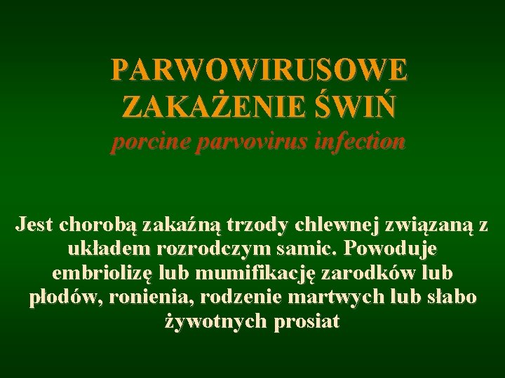 PARWOWIRUSOWE ZAKAŻENIE ŚWIŃ porcine parvovirus infection Jest chorobą zakaźną trzody chlewnej związaną z układem