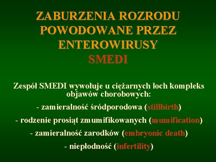 ZABURZENIA ROZRODU POWODOWANE PRZEZ ENTEROWIRUSY SMEDI Zespół SMEDI wywołuje u ciężarnych loch kompleks objawów