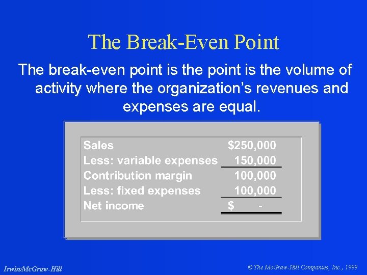 The Break-Even Point The break-even point is the volume of activity where the organization’s