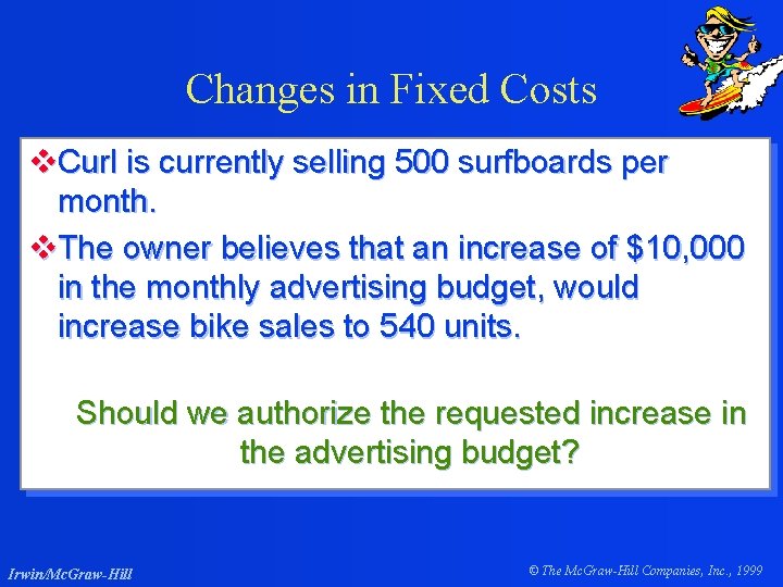 Changes in Fixed Costs v. Curl is currently selling 500 surfboards per month. v.