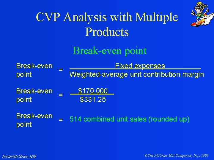 CVP Analysis with Multiple Products Break-even point Break-even Fixed expenses = point Weighted-average unit