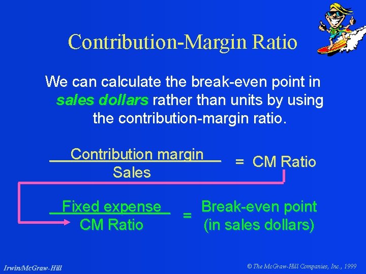 Contribution-Margin Ratio We can calculate the break-even point in sales dollars rather than units