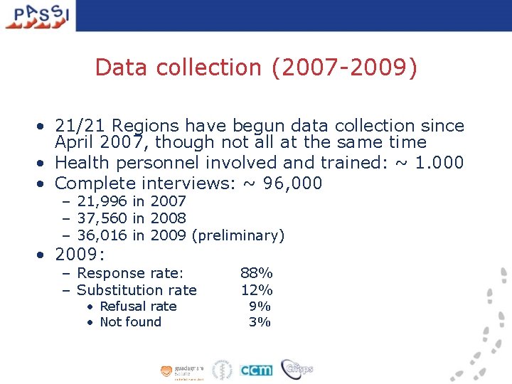 Data collection (2007 -2009) • 21/21 Regions have begun data collection since April 2007,