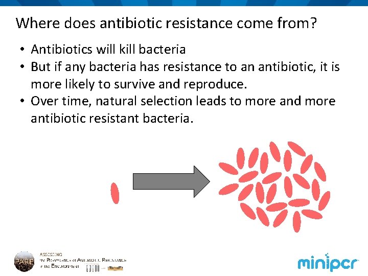 Where does antibiotic resistance come from? • Antibiotics will kill bacteria • But if