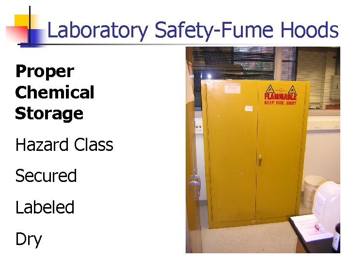 Laboratory Safety-Fume Hoods Proper Chemical Storage Hazard Class Secured Labeled Dry 