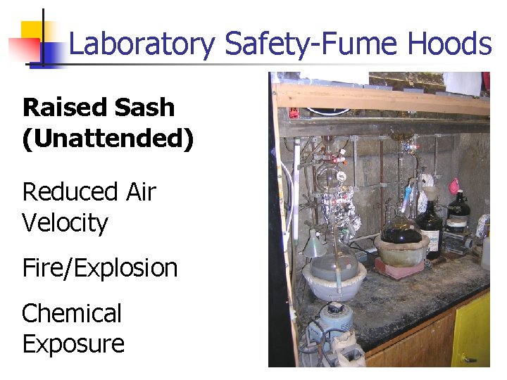Laboratory Safety-Fume Hoods Raised Sash (Unattended) Reduced Air Velocity Fire/Explosion Chemical Exposure 