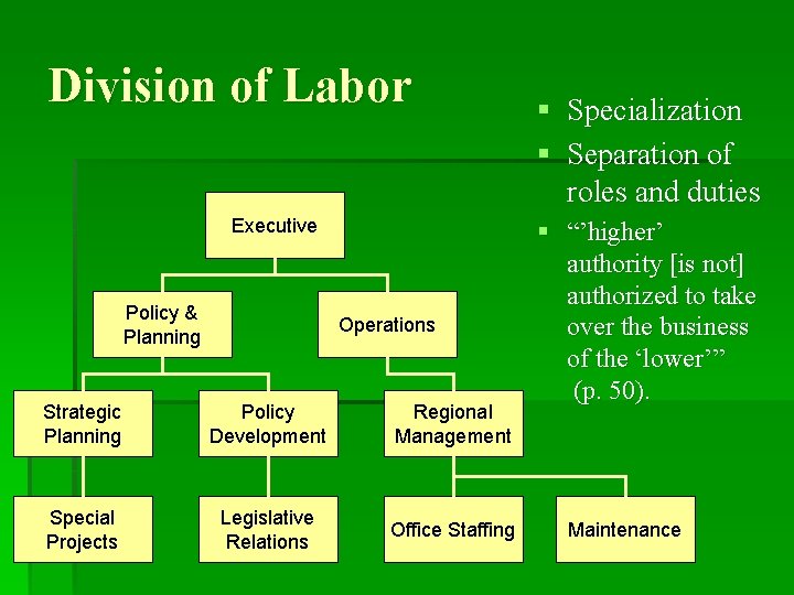 Division of Labor Executive Policy & Planning Operations Strategic Planning Policy Development Regional Management