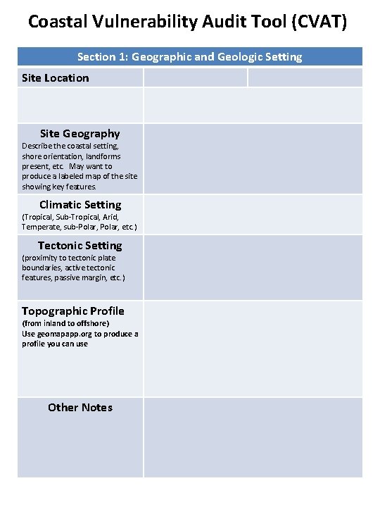 Coastal Vulnerability Audit Tool (CVAT) Section 1: Geographic and Geologic Setting Site Location Site