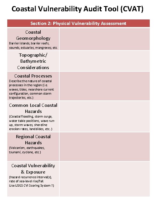 Coastal Vulnerability Audit Tool (CVAT) Section 2: Physical Vulnerability Assessment Coastal Geomorphology Barrier islands,