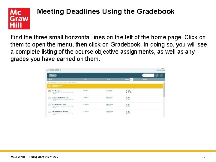 Meeting Deadlines Using the Gradebook Find the three small horizontal lines on the left