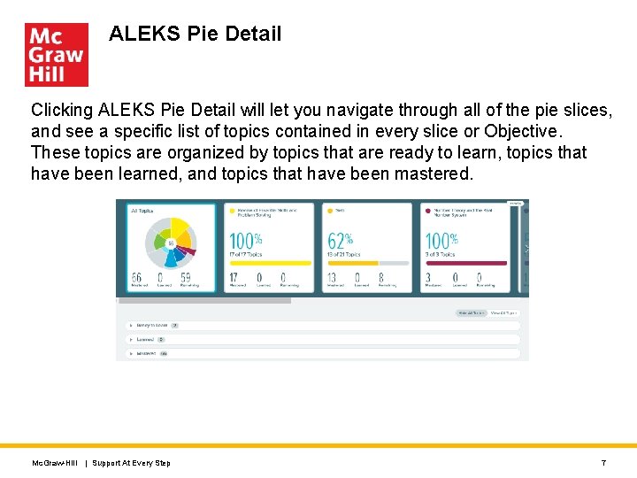 ALEKS Pie Detail Clicking ALEKS Pie Detail will let you navigate through all of