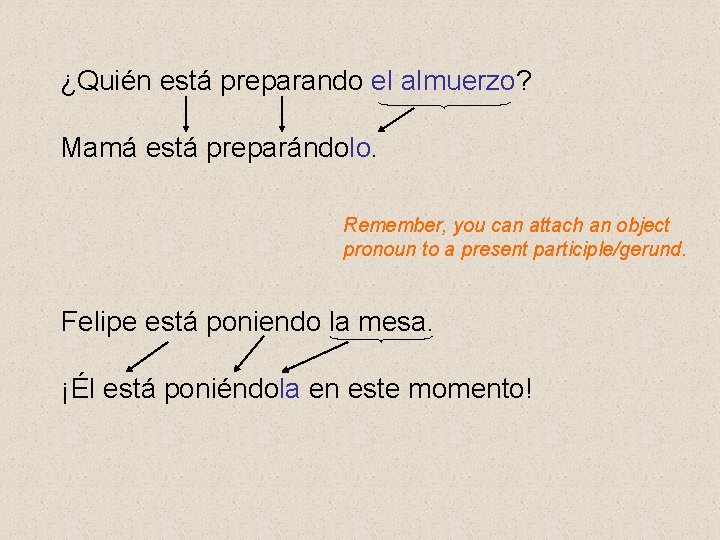 ¿Quién está preparando el almuerzo? Mamá está preparándolo. Remember, you can attach an object