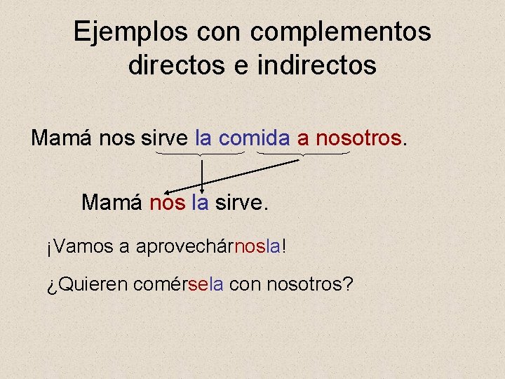 Ejemplos con complementos directos e indirectos Mamá nos sirve la comida a nosotros. Mamá