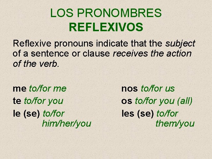 LOS PRONOMBRES REFLEXIVOS Reflexive pronouns indicate that the subject of a sentence or clause