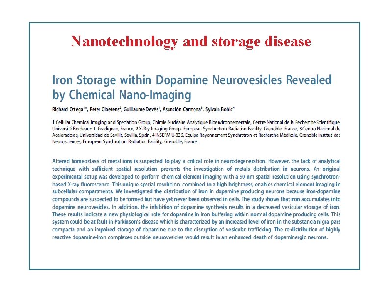 Nanotechnology and storage disease 