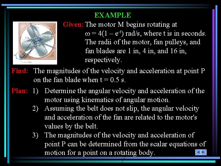 EXAMPLE Given: The motor M begins rotating at = 4(1 – e-t) rad/s, where