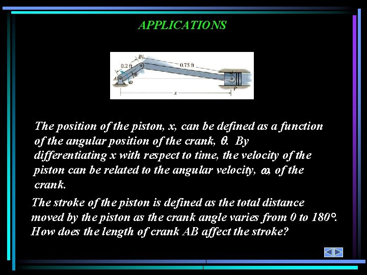 APPLICATIONS The position of the piston, x, can be defined as a function of