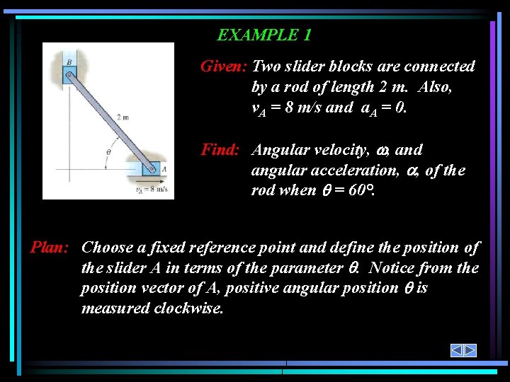 EXAMPLE 1 Given: Two slider blocks are connected by a rod of length 2