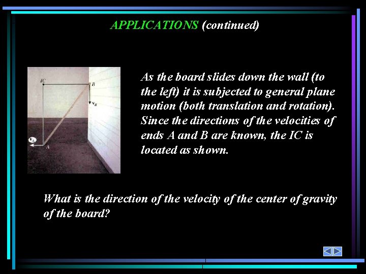 APPLICATIONS (continued) As the board slides down the wall (to the left) it is