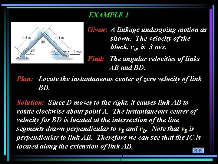 EXAMPLE 1 Given: A linkage undergoing motion as shown. The velocity of the block,