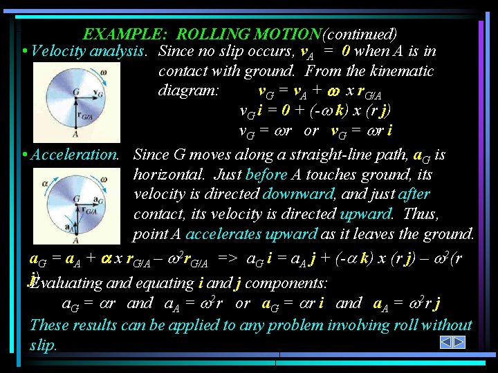 EXAMPLE: ROLLING MOTION(continued) • Velocity analysis. Since no slip occurs, v. A = 0