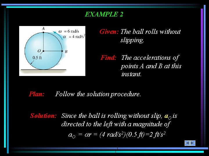 EXAMPLE 2 Given: The ball rolls without slipping. Find: The accelerations of points A