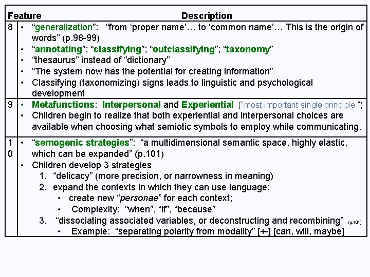Feature Description 8 • “generalization”: “from ‘proper name’… to ‘common name’… This is the