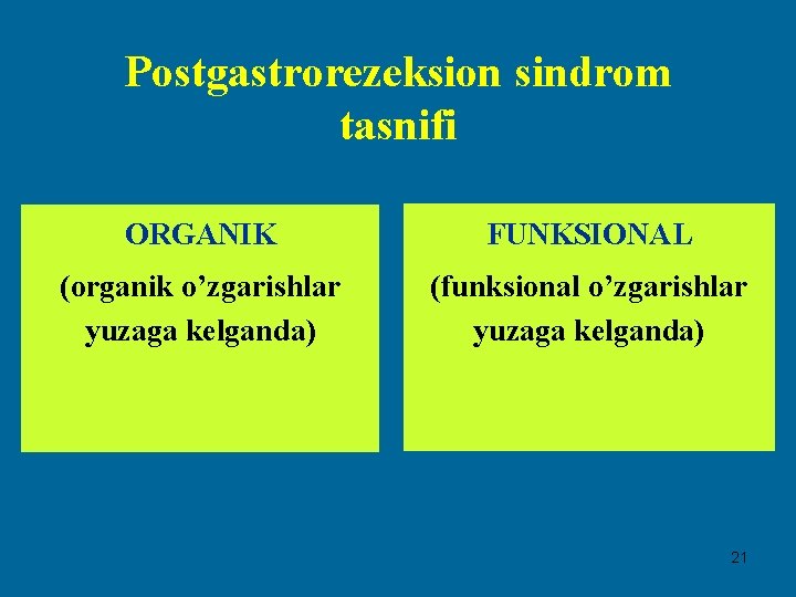 Postgastrorezeksion sindrom tasnifi ORGANIK FUNKSIONAL (organik o’zgarishlar yuzaga kelganda) (funksional o’zgarishlar yuzaga kelganda) 21