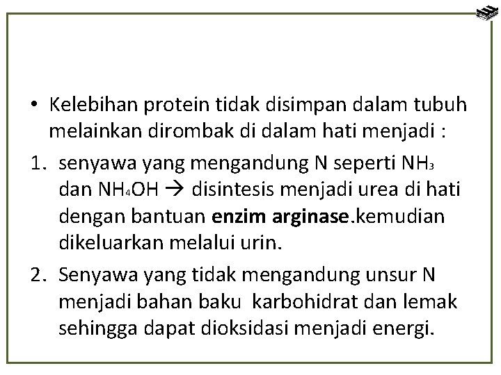  • Kelebihan protein tidak disimpan dalam tubuh melainkan dirombak di dalam hati menjadi