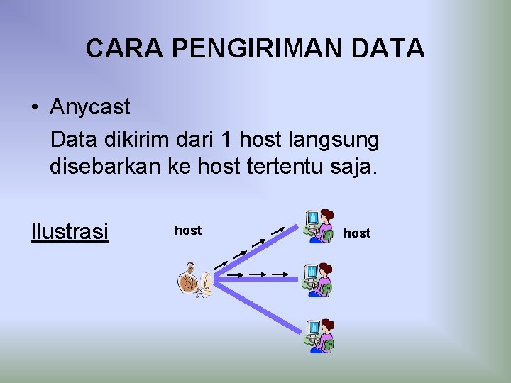 CARA PENGIRIMAN DATA • Anycast Data dikirim dari 1 host langsung disebarkan ke host