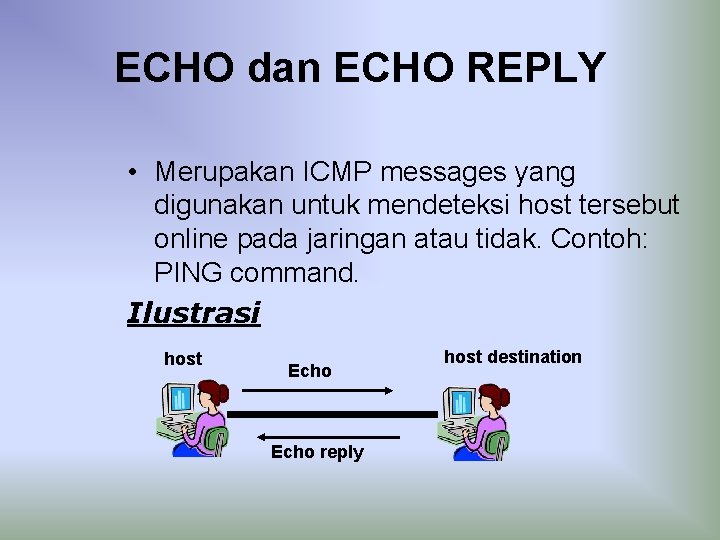 ECHO dan ECHO REPLY • Merupakan ICMP messages yang digunakan untuk mendeteksi host tersebut