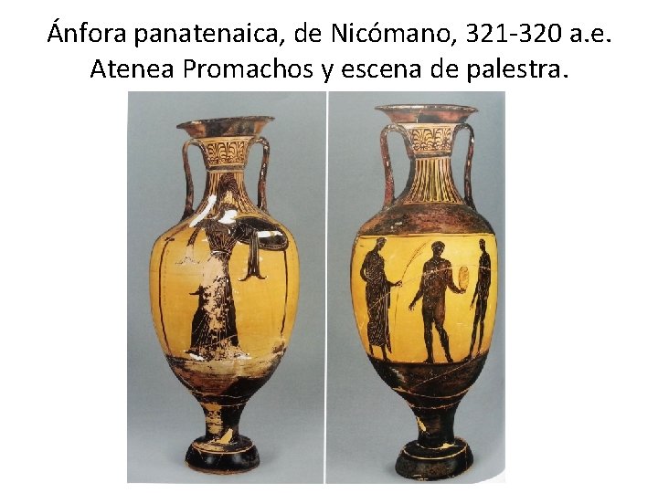 Ánfora panatenaica, de Nicómano, 321 -320 a. e. Atenea Promachos y escena de palestra.