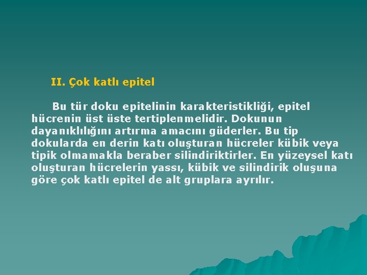 II. Çok katlı epitel Bu tür doku epitelinin karakteristikliği, epitel hücrenin üste tertiplenmelidir. Dokunun