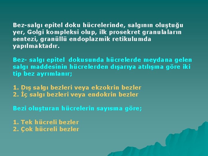 Bez-salgı epitel doku hücrelerinde, salgının oluştuğu yer, Golgi kompleksi olup, ilk prosekret granulaların sentezi,