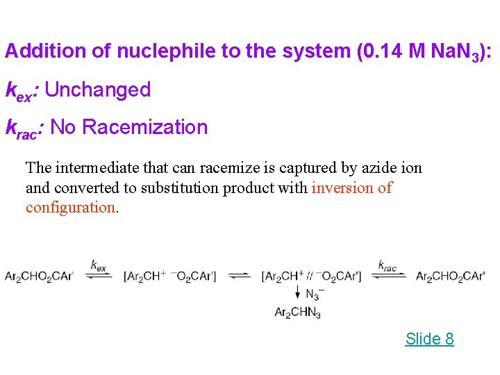 Addition of nuclephile to the system (0. 14 M Na. N 3): kex: Unchanged