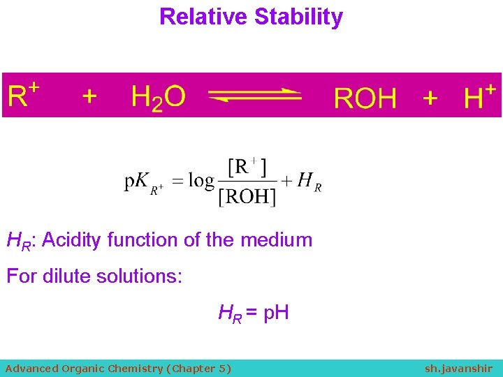Relative Stability HR: Acidity function of the medium For dilute solutions: HR = p.