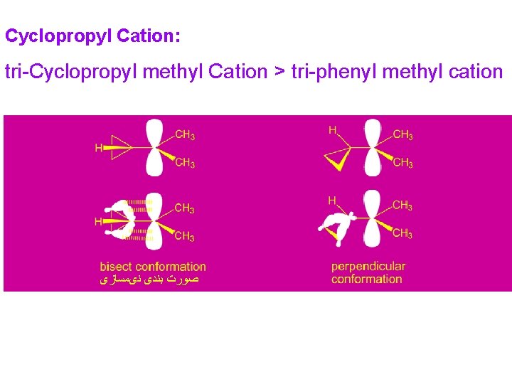 Cyclopropyl Cation: tri-Cyclopropyl methyl Cation > tri-phenyl methyl cation ﺻﻮﺭﺕ ﺑﻨﺪی ﻧیﻤﺴﺎﺯی 