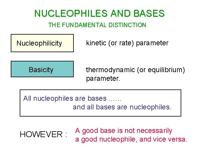 NUCLEOPHILES AND BASES THE FUNDAMENTAL DISTINCTION Nucleophilicity Basicity kinetic (or rate) parameter thermodynamic (or