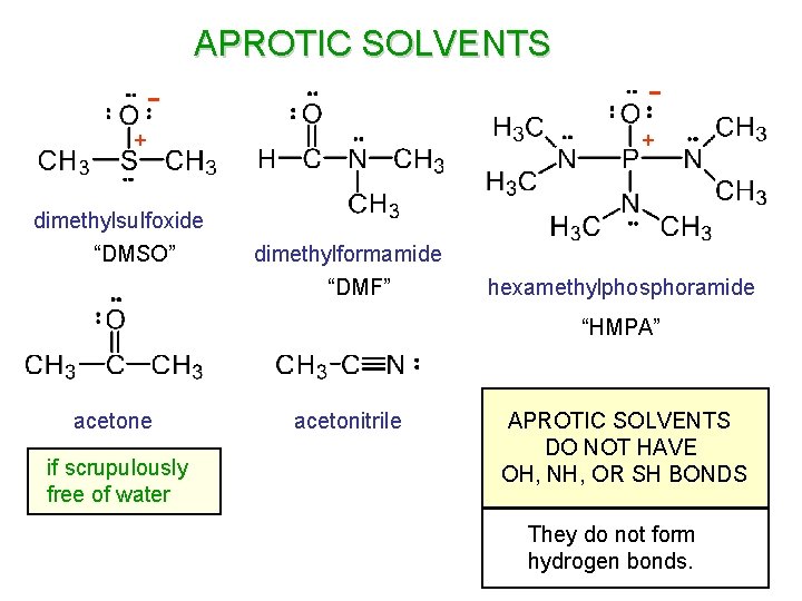APROTIC SOLVENTS - + dimethylsulfoxide “DMSO” + dimethylformamide “DMF” hexamethylphosphoramide “HMPA” acetone if scrupulously