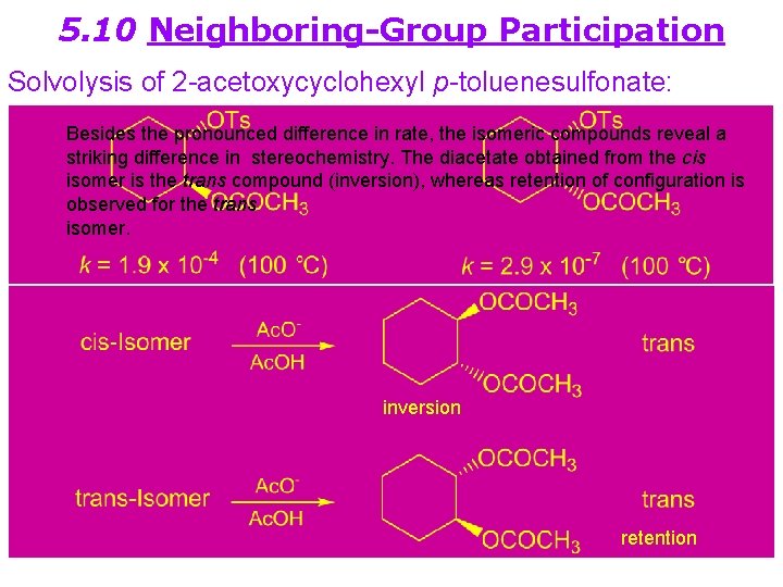 5. 10 Neighboring-Group Participation Solvolysis of 2 -acetoxycyclohexyl p-toluenesulfonate: Besides the pronounced difference in