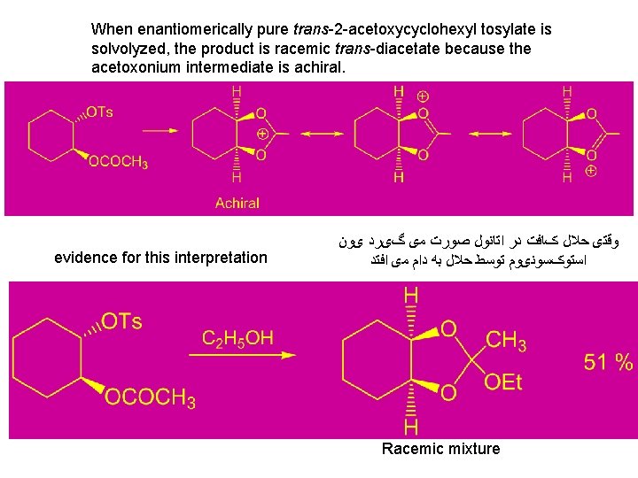 When enantiomerically pure trans-2 -acetoxycyclohexyl tosylate is solvolyzed, the product is racemic trans-diacetate because