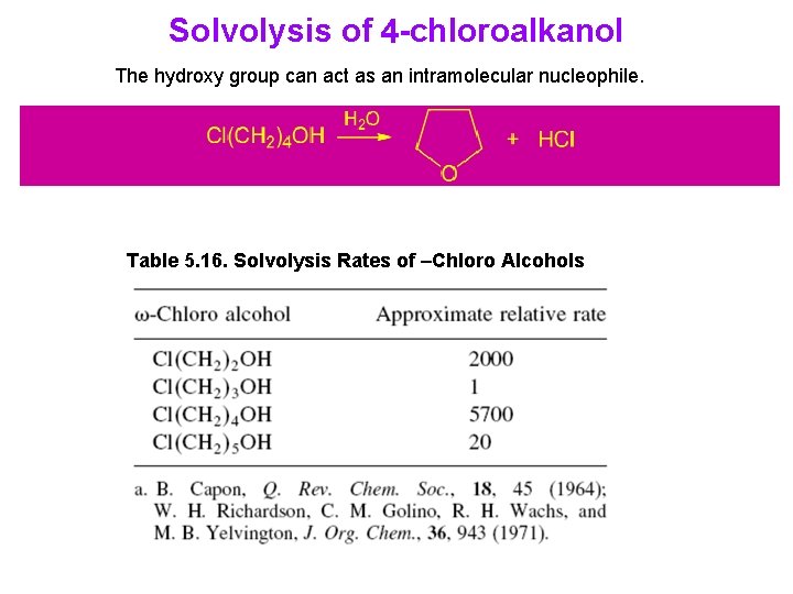 Solvolysis of 4 -chloroalkanol The hydroxy group can act as an intramolecular nucleophile. Table