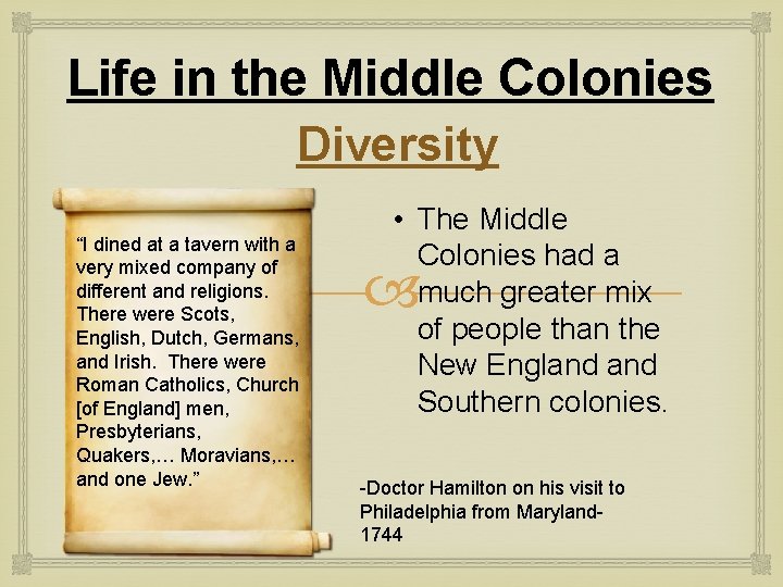 Life in the Middle Colonies Diversity “I dined at a tavern with a very