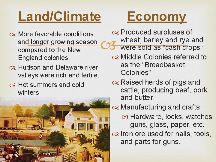 Land/Climate More favorable conditions and longer growing season compared to the New England colonies.